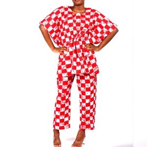 Stylish Red and White Patterned Pant Set